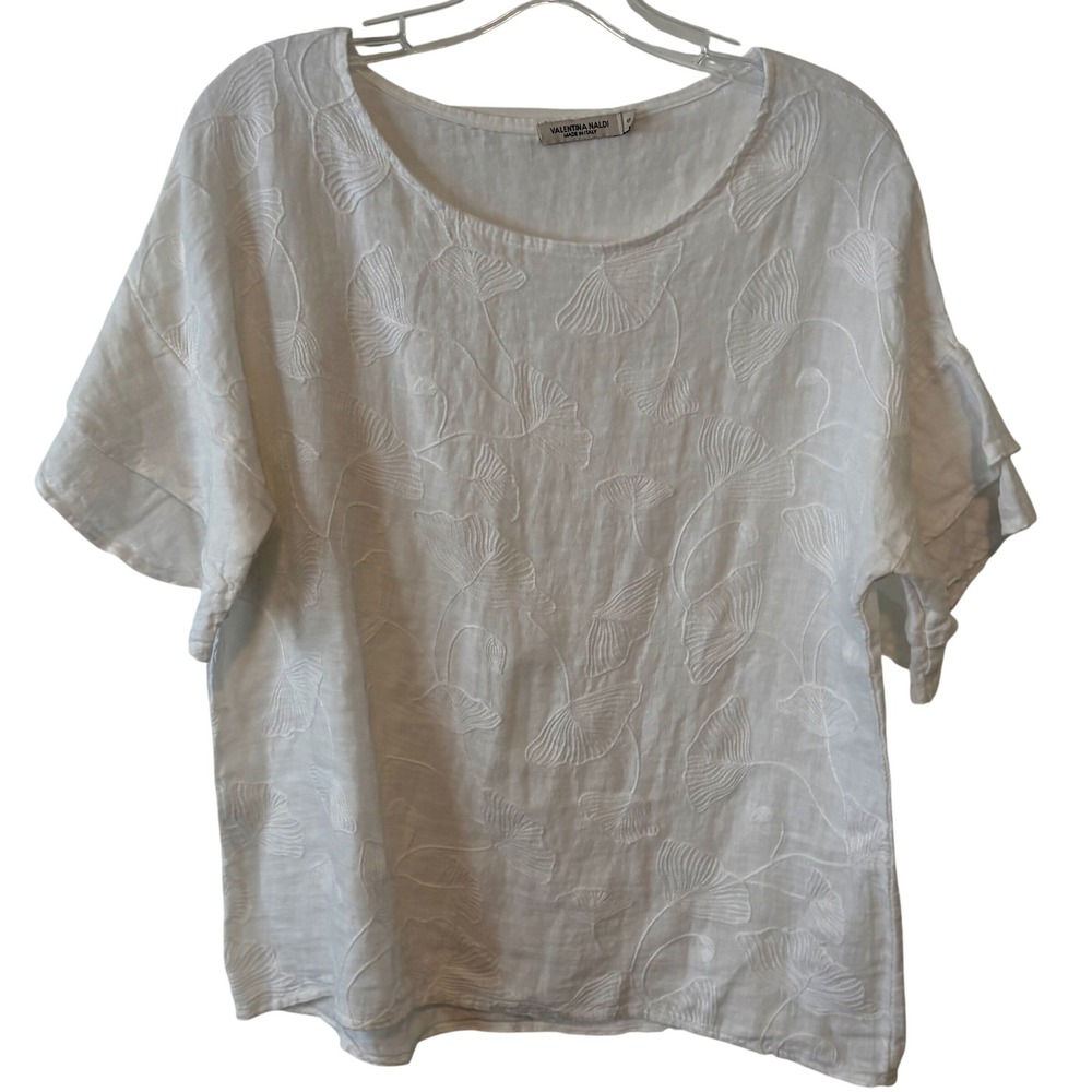 Valentina Naldi White Linen Short Sleeve Embroidered Top in Size S